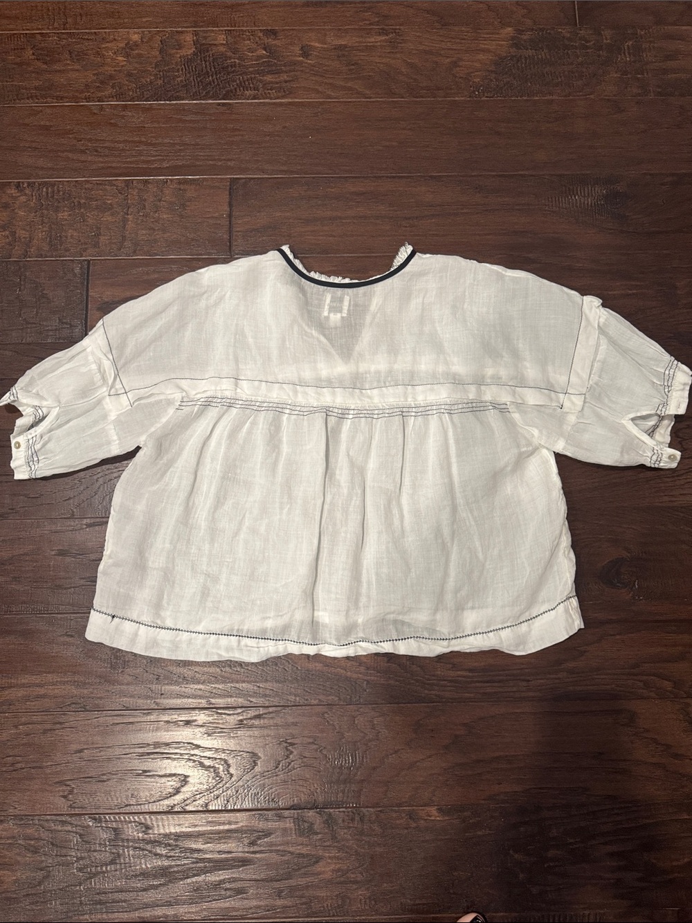 Anthropologie White Cotton Peasant Blouse with Black Trim - Picture 7 of 8